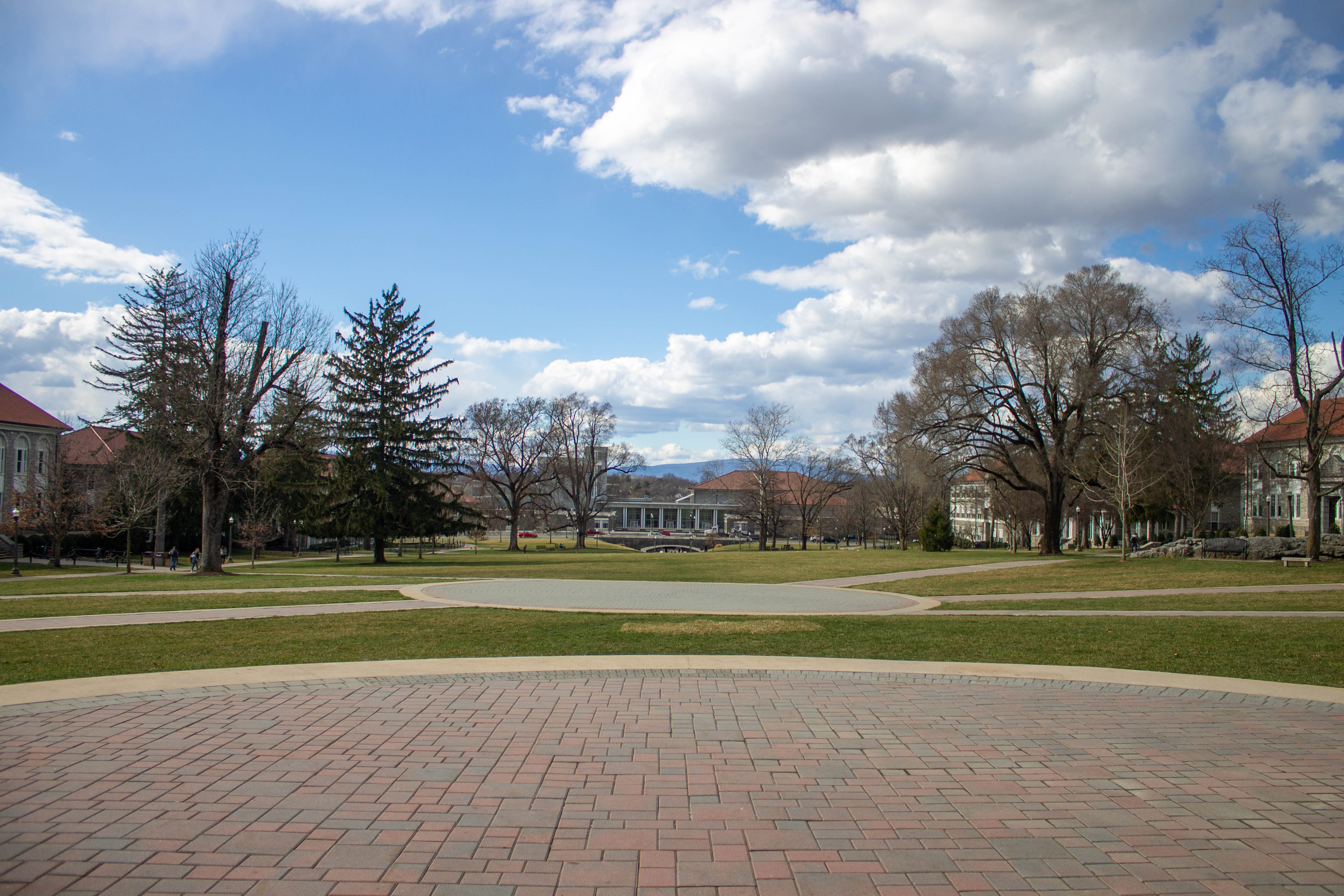image of JMU's quadrangle looking towards the Forbes Center